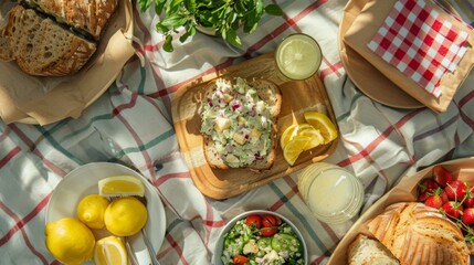 Poster - A traditional American picnic spread with sandwiches, potato salad, and lemonade, perfect for a day outdoors