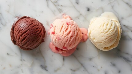 Sticker - Three scoops of ice cream in chocolate, strawberry, and vanilla flavors on marble