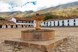 Fototapeta Kwiaty - Villa de Leyva, colonial town known for Plaza Mayor, largest stone-paved square in South America, cobblestone streets, whitewashed buildings and historical UNESCO architecture. Boyaca, Colombia.