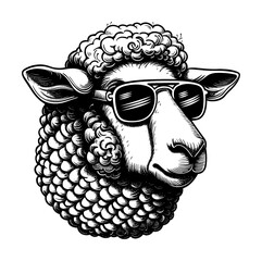 sheep wearing sunglasses engraving black and white outline