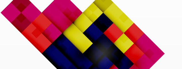 Aufkleber - An electrifying art piece featuring a mix of colorful squares, triangles, and rectangles in magenta, tints and shades, and electric blue, creating a symmetrical pattern on a white background
