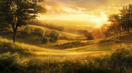 Aufkleber - A tranquil countryside scene as the sun rises over rolling hills and meadows, casting a golden hue over the landscape and awakening nature to a new day.
