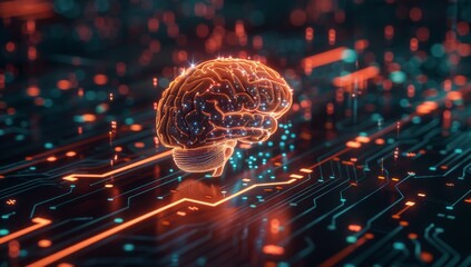 3D rendering of a human brain with a glowing digital circuit background