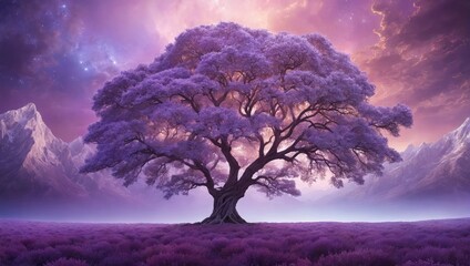  digital masterpiece depicting a colossal crystalline tree in a mauve-tinted dreamscape