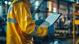 Fototapeta Las - An employee inspects the dangerous substance form in the chemical storage area of a factory, prioritizing safety.