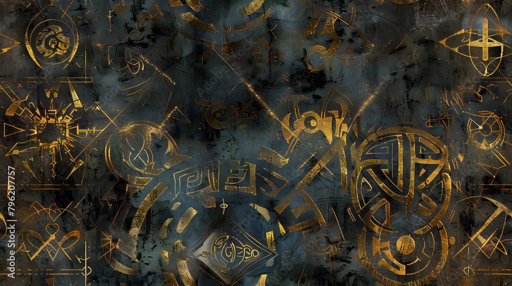 This image displays a collection of golden alchemical and mystical ...