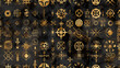 This striking image depicts a seamless pattern of golden occult symbols on a distressed black background. It's ideal for designs related to mysticism, secret societies, and historical symbolism