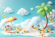 Summer vector illustration, pile of sand, coconut trees, beach umbrella, beach chair, beach ball on the background of clouds and sandy beach.