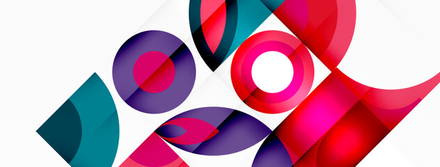 Aufkleber - A vibrant art piece featuring a myriad of colorful geometric shapes such as circles, with shades of purple, magenta, and electric blue on a white background, creating a symmetrical pattern