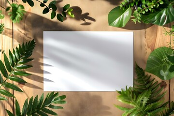 Wall Mural - Overhead view of empty paper mockup on table with plants. Concept Flatlay Photography, Minimalistic Design, Creative Mockup Display, Greenery Decoration