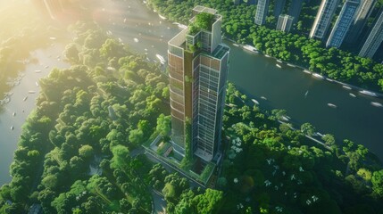 Aufkleber - Aerial view of a sleek riverside skyscraper, standing tall amidst lush greenery, blending nature and modern architecture seamlessly.