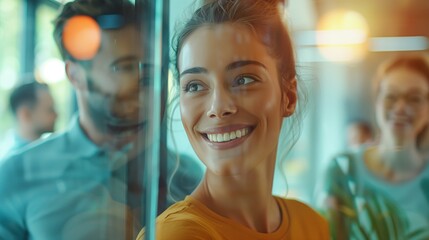 Wall Mural - Vibrant image of a smiling young woman in a yellow top with reflective glass showing people behind her.