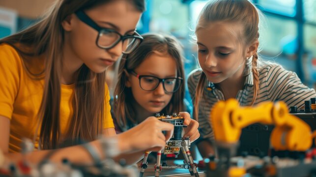 Three young girls focused on assembling a robotic kit in a STEM education setting.