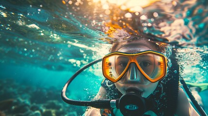 Sticker - Close-up of a female scuba diver underwater with a vibrant orange mask and a snorkel.