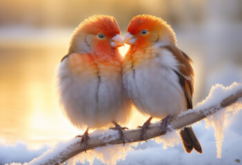 Two birds are sitting on a branch, one of them is red and the other is white.