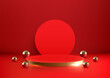 3D realistic modern luxury style empty red podium stand with circle backdrop and golden balls elements on red background
