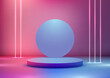 3D realistic modern technology style empty blue color podium stand decoration with circle backdrop and neon laser lines background