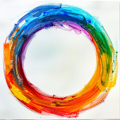 Canvas Print - Painting of colorful circle on white background with white circle in the middle.