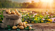 A bag filled with neatly laid out harvested potatoes against the backdrop of a bright blooming vegetable garden in the sun