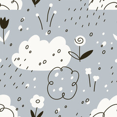 Poster - Scandinavian seamless pattern. Nature print, flowers, clouds and rain drops in Scandi doodle style. Endless kids background for baby textile, fabric, wallpaper, wrapping. Flat vector illustration