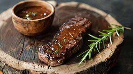 Wall Mural - A grilled steak, drenched in savory juices, showcased against a rustic wooden backdrop