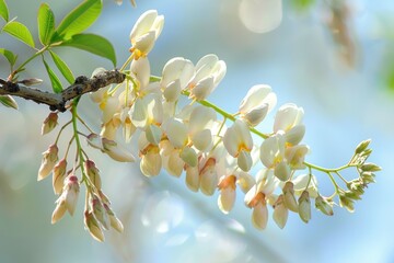 Wall Mural - Blooming Black Locust Flowers on Tree Branch in Springtime - Botanical Blossoms of Robinia