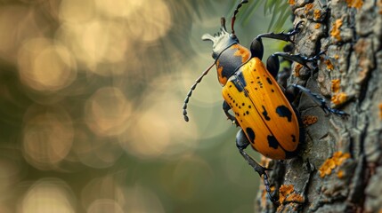 Aufkleber - An insect photographer capturing the beauty of beetles crawling on tree bark, showcasing their diverse forms