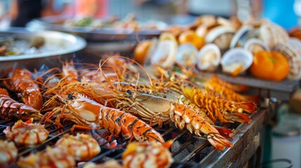 Wall Mural - An outdoor seafood festival with stalls offering a variety of grilled, fried, and steamed seafood delights