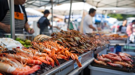 Wall Mural - An outdoor seafood festival with stalls offering a variety of grilled, fried, and steamed seafood delights