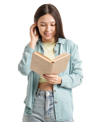 Canvas Print - Young Asian woman reading book on white background