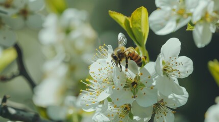 Poster - Close-up of a bee collecting nectar from blossoming flowers on a tree, vital for pollination