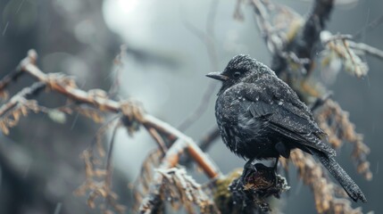 Poster - Close-up of a bird perched on a tree covered in soot from air pollution, illustrating its impact on wildlife
