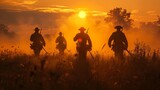 Fototapeta  - Four soldiers walking through a field of tall grass at sunset