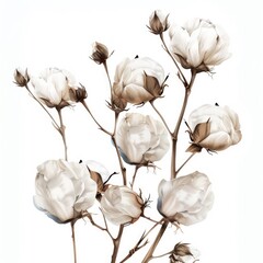 Wall Mural - A beautiful sprig of cotton on a white background, a place for text. Delicate white cotton flowers.