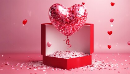 Wall Mural - 'Happy space box opened copy balloon heart confetti 3D concept rendering gift decoration valentines illustration shape day valentine love nubes banner surprise february 14 fly'