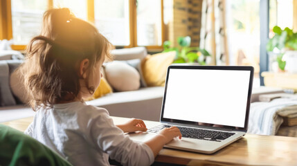 Cute girl sits at a desk with laptop looking at blank computer screen mock up. online learning on pc, e-learning, watching movie, kids app, web site, distant education. Over shoulder closeup view