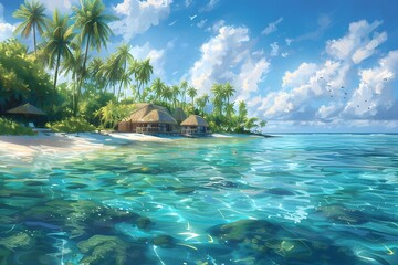 Wall Mural - Lush Tropical Oasis with Crystal-clear Waters and Swaying Palm Trees