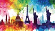 The silhouette of iconic landmarks like the Eiffel Tower and the Statue of Liberty set against a backdrop of vibrant