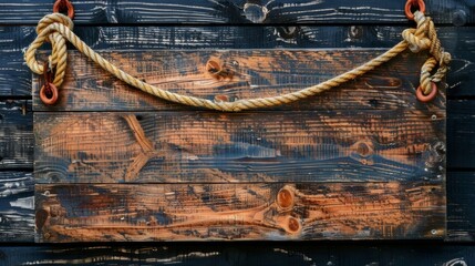 Blank mockup of a rustic wooden harbor master sign with rope border .