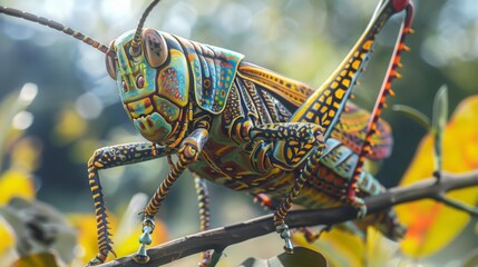 Aufkleber - Close-up of a grasshopper perched on a twig, its intricate patterns and colors blending with the surroundings