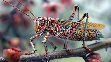 Aufkleber - Close-up of a grasshopper perched on a twig, its intricate patterns and colors blending with the surroundings
