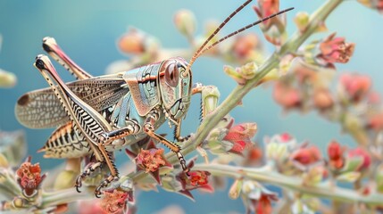 Aufkleber - Close-up of a grasshopper perched on a twig, its intricate patterns and colors blending with the surroundings