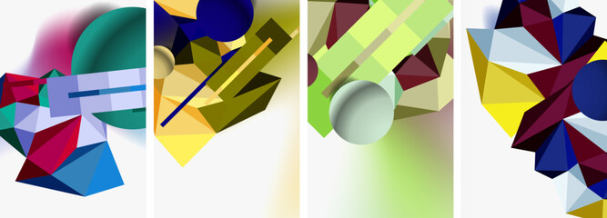 Aufkleber - Create a vibrant art piece with tints and shades using geometric shapes like rectangle, circle, and triangle on a white background, resembling tableware and drinkware in an abstract composition