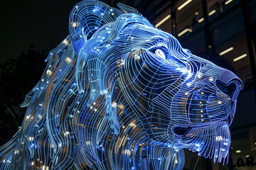 a powerful lion's head formed by an intricate array of illuminated electronic pathways.