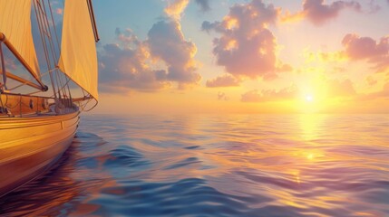 Wall Mural - Close-up of a sailboat sailing into the sunrise on a calm sea, embarking on a journey of discovery