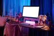 No people shot of modern desktop computer, neon lamp and decorations on table in teen girls room interior, copy space