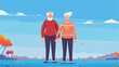 Elderly couple stand together and hold hand in hand
