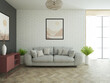 Jasne nowoczesne wnętrze pokoju salonu z ścianą z cegłą i dużą szarą sofą z poduszkami