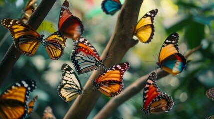 Aufkleber - Close-up of colorful butterflies perched on tree branches, adding beauty to the natural landscape