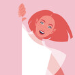 The beautiful red-haired woman peeks out. Internet banner and postcard. Fashion vector illustration in flat style